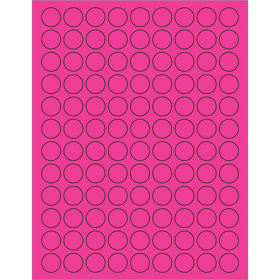 High-visibility 3/4" diameter fluorescent pink circle labels designed for shipping coordinators and logistics professionals who need maximum visibility on packages and containers. Permanent acrylic adhesive bonds instantly to paper, corrugated, plastic, metal, and glass surfaces. Case of 10,800 labels compatible with both laser and inkjet printers.