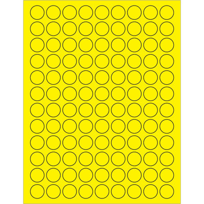 High-visibility 3/4" diameter fluorescent yellow circle laser labels engineered for shipping, compliance, and product identification. Permanent acrylic adhesive bonds to paper, corrugated, plastic, metal, and glass. 10,800 labels per case‚compatible with laser and inkjet printers.