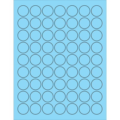 Professional-grade 1" diameter fluorescent pastel blue circle laser labels with permanent acrylic adhesive. Case of 6300 labels compatible with laser and inkjet printers. Designed for shipping coordinators and logistics professionals who need high-visibility, durable labels for corrugated boxes, plastic, glass, and metal surfaces.