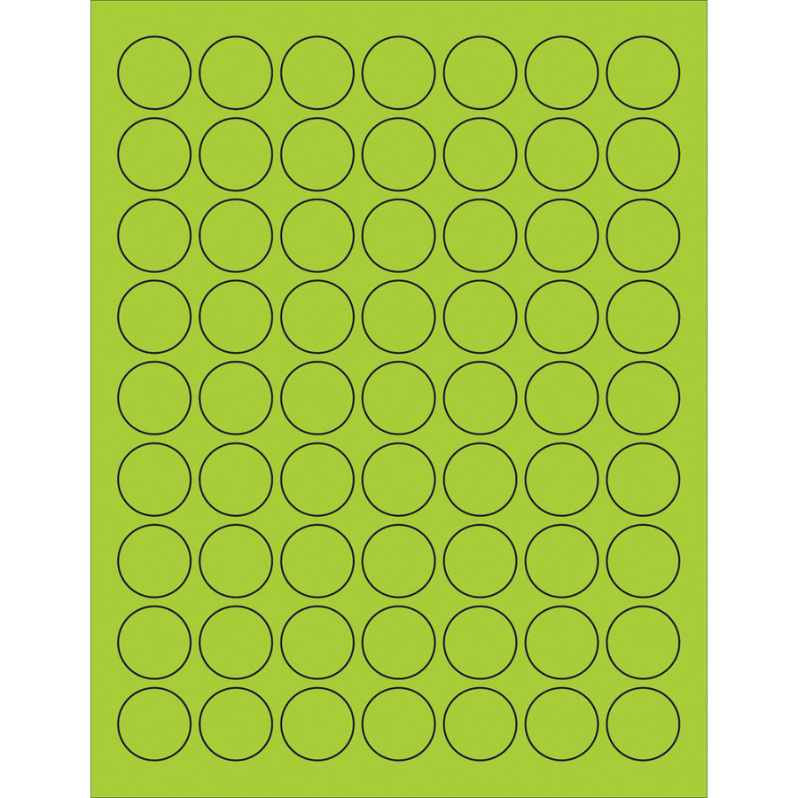 High-visibility 1" fluorescent green circle labels for laser and inkjet printers. Permanent acrylic adhesive bonds instantly to paper, corrugated, plastic, metal, and glass. Case of 6,300 labels keeps your shipping and logistics operations fully stocked for weeks.