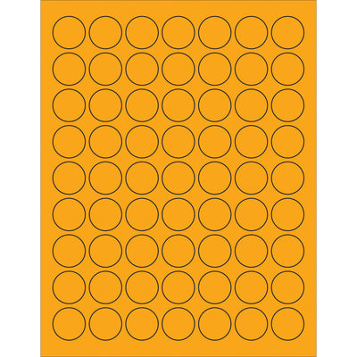 Bright fluorescent orange circle laser labels designed for high-visibility product, shipping, and compliance labeling. 1" diameter with permanent acrylic adhesive bonds to paper, corrugated, plastic, metal, and glass. Case of 6,300 labels‚ready to print and apply.