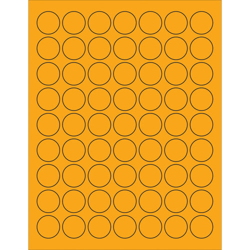 Bright fluorescent orange circle laser labels designed for high-visibility product, shipping, and compliance labeling. 1