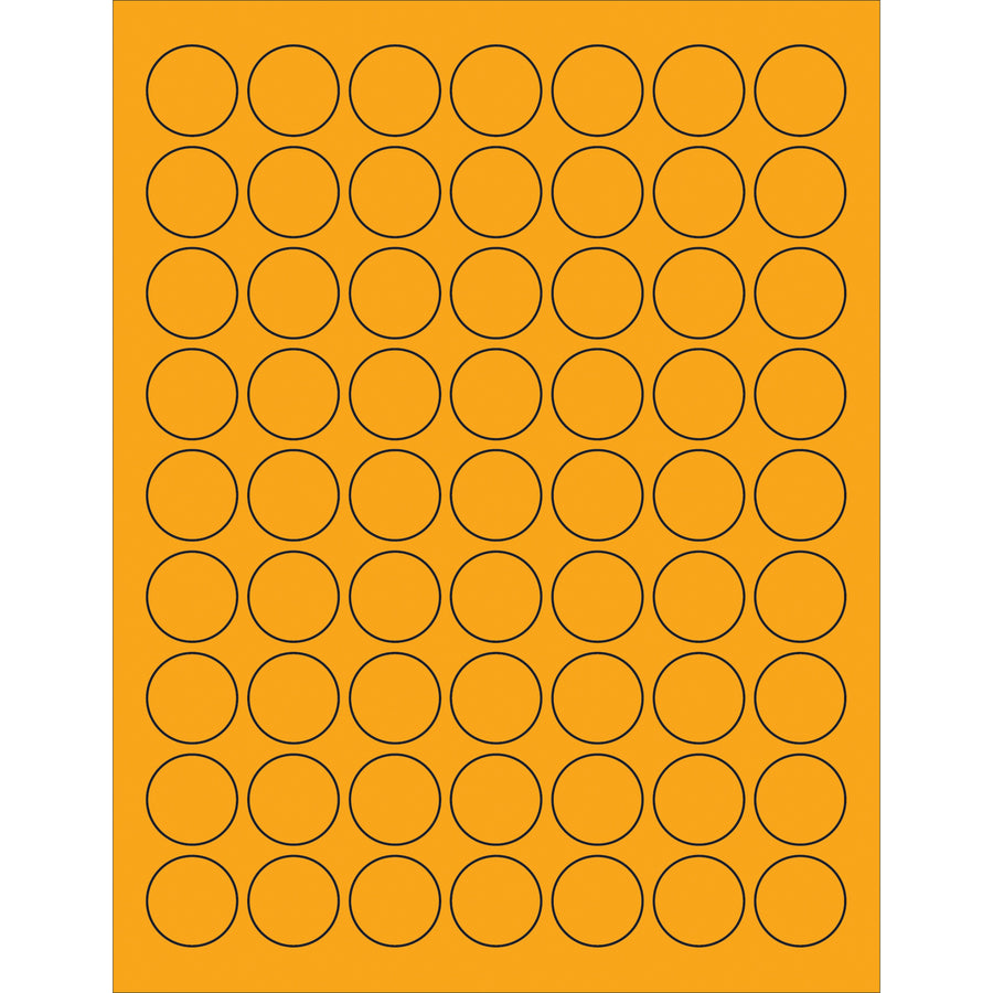Bright fluorescent orange circle laser labels designed for high-visibility product, shipping, and compliance labeling. 1" diameter with permanent acrylic adhesive bonds to paper, corrugated, plastic, metal, and glass. Case of 6,300 labels‚ready to print and apply.