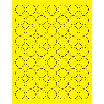 High-visibility 1" fluorescent yellow circle laser labels designed for shipping coordinators and logistics professionals who need reliable product identification. Permanent acrylic adhesive bonds instantly to paper, corrugated, plastic, metal, and glass surfaces. Case of 6300 labels with Microsoft Word template for quick formatting.