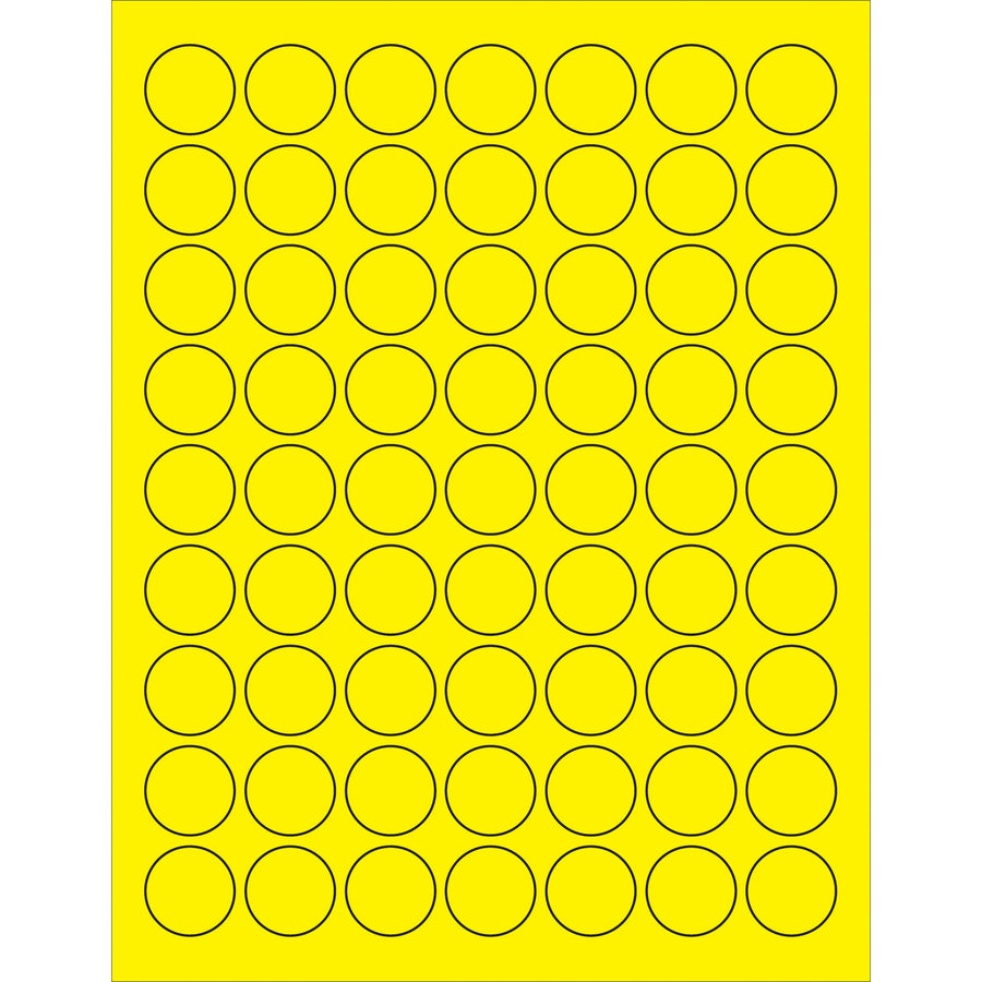 High-visibility 1" fluorescent yellow circle laser labels designed for shipping coordinators and logistics professionals who need reliable product identification. Permanent acrylic adhesive bonds instantly to paper, corrugated, plastic, metal, and glass surfaces. Case of 6300 labels with Microsoft Word template for quick formatting.