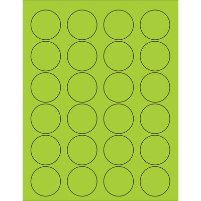 High-visibility fluorescent green circle laser labels engineered for shipping coordinators and logistics professionals who need exceptional label visibility and international compliance. These 1 5/8" permanent acrylic labels work with both laser and inkjet printers, adhere to corrugated, plastic, metal, and glass surfaces, and ship at 2400 labels per case for cost-effective bulk operations.