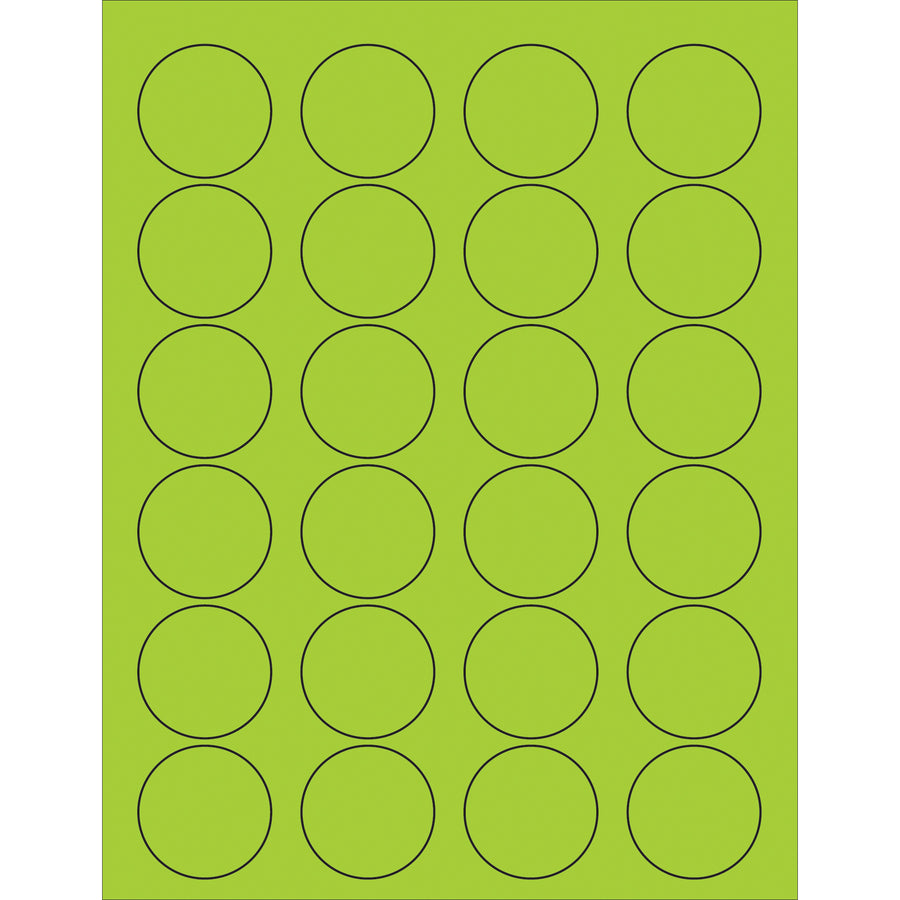 High-visibility fluorescent green circle laser labels engineered for shipping coordinators and logistics professionals who need exceptional label visibility and international compliance. These 1 5/8" permanent acrylic labels work with both laser and inkjet printers, adhere to corrugated, plastic, metal, and glass surfaces, and ship at 2400 labels per case for cost-effective bulk operations.