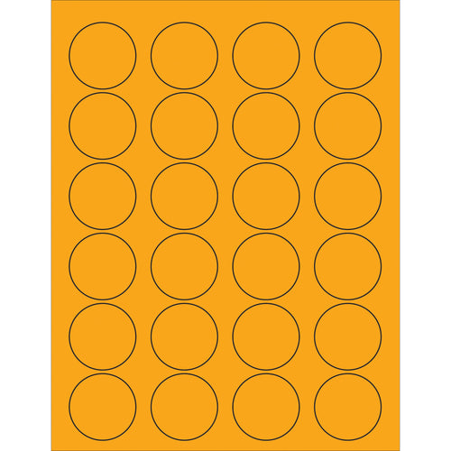 High-visibility fluorescent orange circle laser labels designed for shipping, product identification, and compliance labeling. Permanent acrylic adhesive bonds instantly to paper, corrugated, plastic, metal, and glass surfaces. 2400 labels per case, compatible with standard laser and inkjet printers.