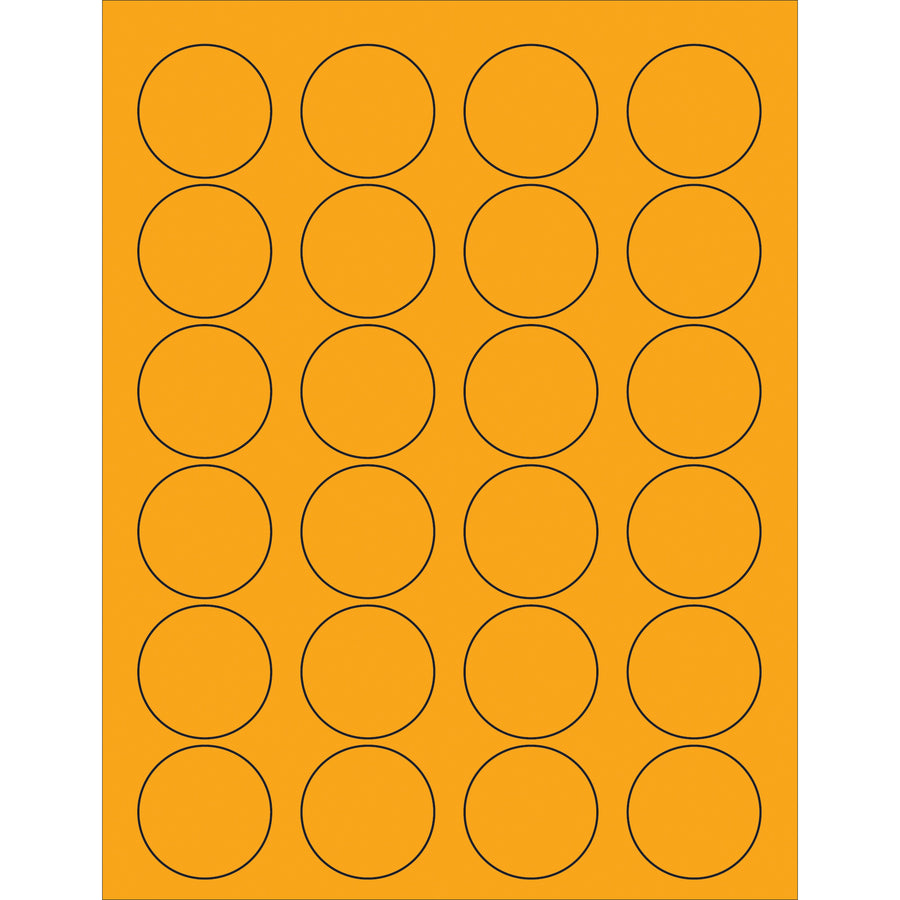 High-visibility fluorescent orange circle laser labels designed for shipping, product identification, and compliance labeling. Permanent acrylic adhesive bonds instantly to paper, corrugated, plastic, metal, and glass surfaces. 2400 labels per case, compatible with standard laser and inkjet printers.