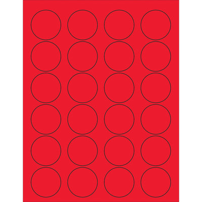 Maximize shipment visibility with 1 5/8" diameter fluorescent red circle laser labels featuring permanent acrylic adhesive. Designed for shipping coordinators and logistics professionals who need instant visual identification on packages. Each case includes 2,400 labels compatible with laser and inkjet printers.