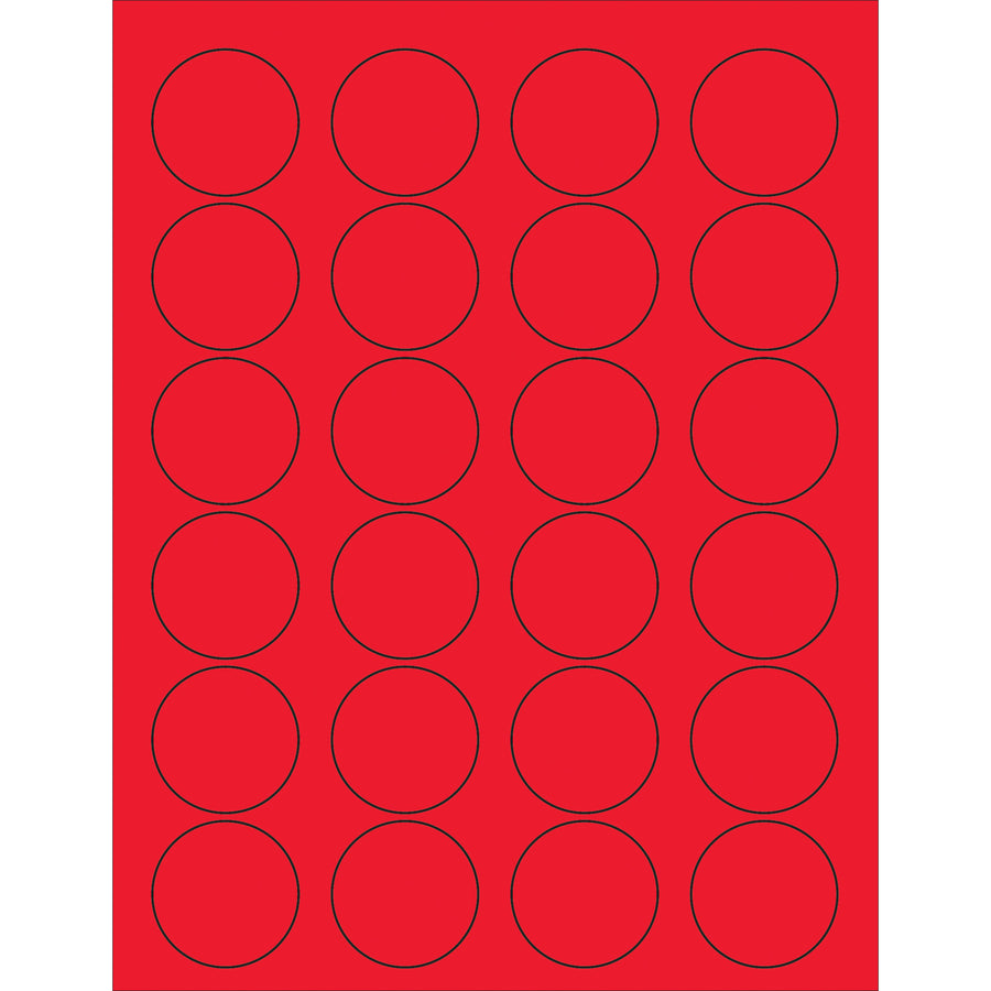 Maximize shipment visibility with 1 5/8" diameter fluorescent red circle laser labels featuring permanent acrylic adhesive. Designed for shipping coordinators and logistics professionals who need instant visual identification on packages. Each case includes 2,400 labels compatible with laser and inkjet printers.