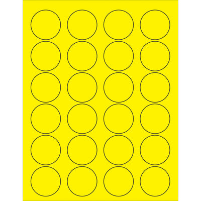 High-visibility fluorescent yellow circle laser labels designed for shipping coordinators and logistics professionals who need instant visual recognition on packages and shipments. These 1 5/8" diameter labels feature permanent acrylic adhesive and stick reliably to corrugated, plastic, glass, metal, and paper surfaces. Sold as a case of 2400 labels with pre-formatted Microsoft Word templates for immediate deployment.