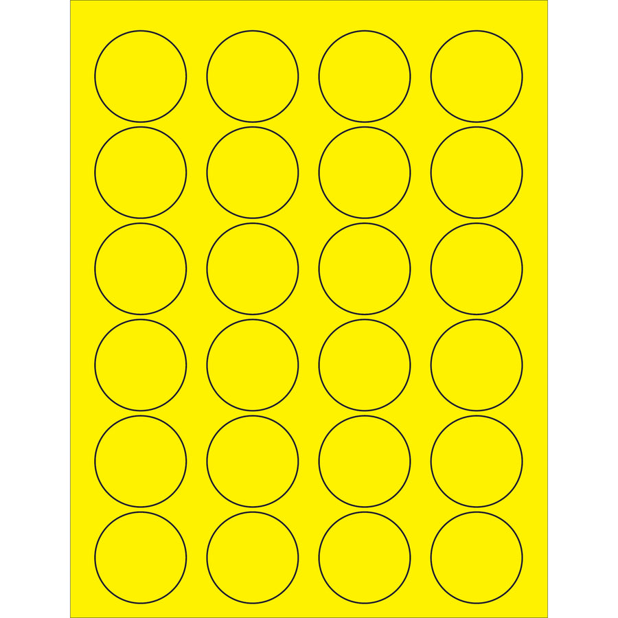 High-visibility fluorescent yellow circle laser labels designed for shipping coordinators and logistics professionals who need instant visual recognition on packages and shipments. These 1 5/8" diameter labels feature permanent acrylic adhesive and stick reliably to corrugated, plastic, glass, metal, and paper surfaces. Sold as a case of 2400 labels with pre-formatted Microsoft Word templates for immediate deployment.