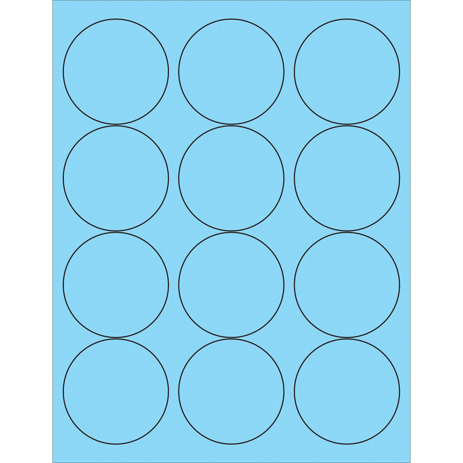 Professional-grade 2.5" fluorescent pastel blue circle laser labels designed for shipping coordinators and logistics professionals who need high-visibility product identification. Permanent acrylic adhesive bonds instantly to paper, corrugated, plastic, and metal surfaces. Case of 1200 labels with Microsoft Word template for fast, custom formatting.