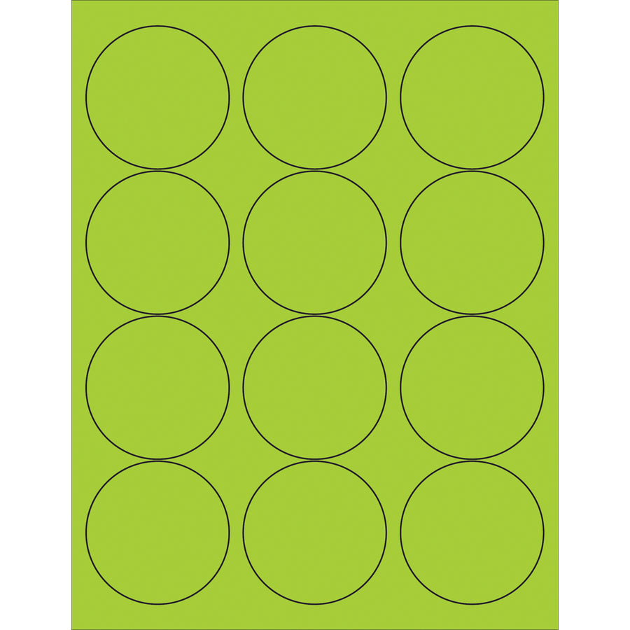 High-visibility 2.5" fluorescent green circle laser labels cut through warehouse clutter with bright, eye-catching color that meets OSHA compliance standards. Permanent acrylic adhesive bonds instantly to paper, corrugated, plastic, metal, and glass–no repositioning delays. Order your case of 1200 printable labels today and streamline your shipping and product identification workflows.