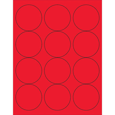 High-visibility 2 1/2" fluorescent red circle laser labels with permanent acrylic adhesive for shipping, compliance, and product identification. Compatible with laser and inkjet printers. Case of 1200 labels ready to ship.