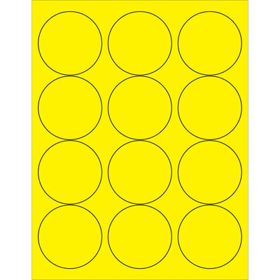 High-visibility 2.5" diameter fluorescent yellow circle laser labels designed for shipping coordinators who need maximum compliance visibility. Permanent acrylic adhesive bonds instantly to corrugated, plastic, metal, and glass surfaces. Case of 1200 labels‚laser and inkjet compatible with included Word template.