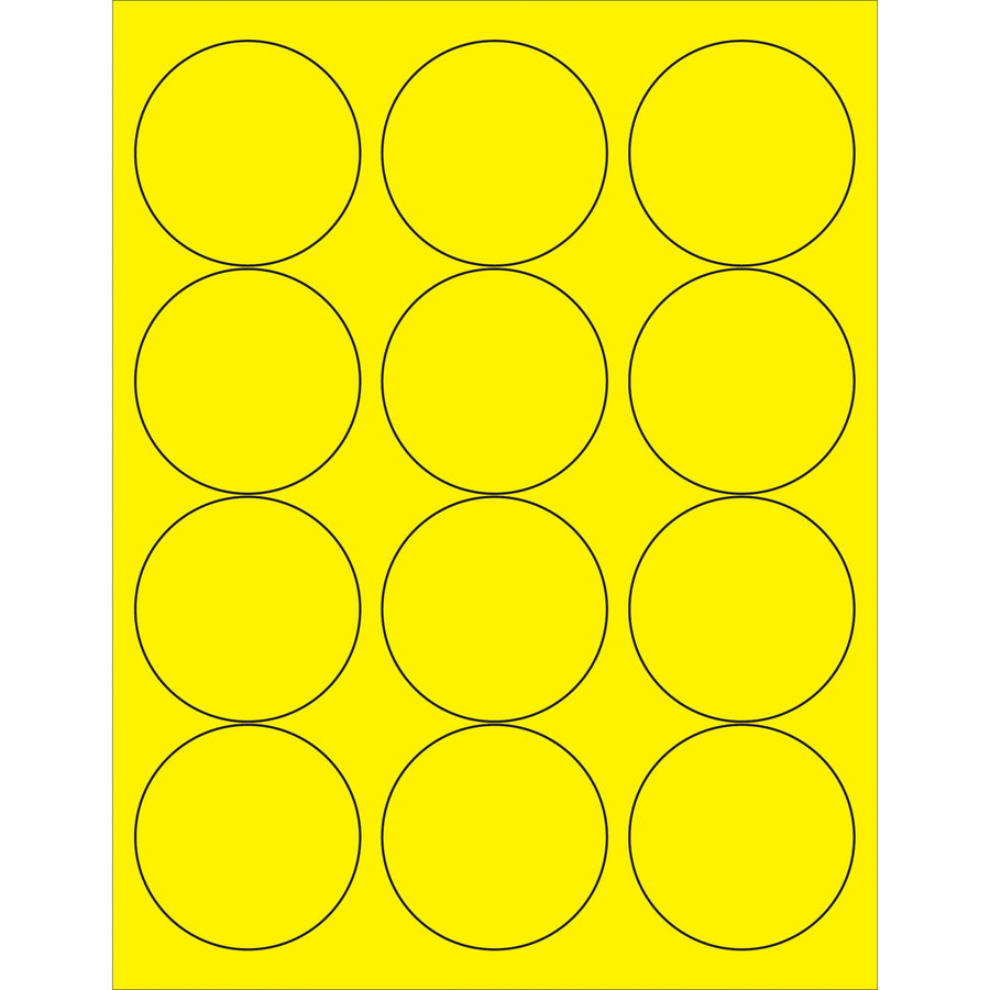 High-visibility 2.5" diameter fluorescent yellow circle laser labels designed for shipping coordinators who need maximum compliance visibility. Permanent acrylic adhesive bonds instantly to corrugated, plastic, metal, and glass surfaces. Case of 1200 labels–laser and inkjet compatible with included Word template.