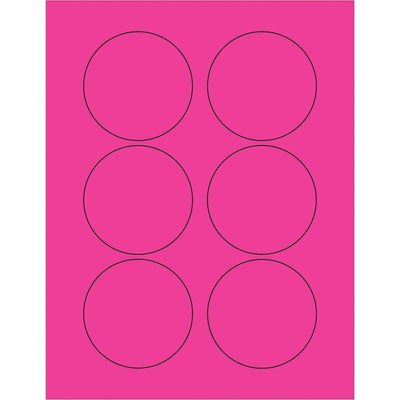 High-visibility 3" fluorescent pink circle laser labels designed for shipping coordinators who need enhanced package visibility and compliance tracking. Permanent acrylic adhesive bonds instantly to corrugated, plastic, metal, and glass surfaces. Case of 600 labels works with both laser and inkjet printers.