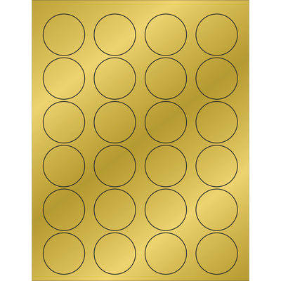 Professional-grade 1 5/8" diameter gold foil circle laser labels designed for shipping coordinators and logistics professionals who need reliable, compliant labeling. Permanent acrylic adhesive resists heat and jamming in high-speed label printers. Each case contains 2,400 labels with ready-to-use Microsoft Word template for fast formatting.