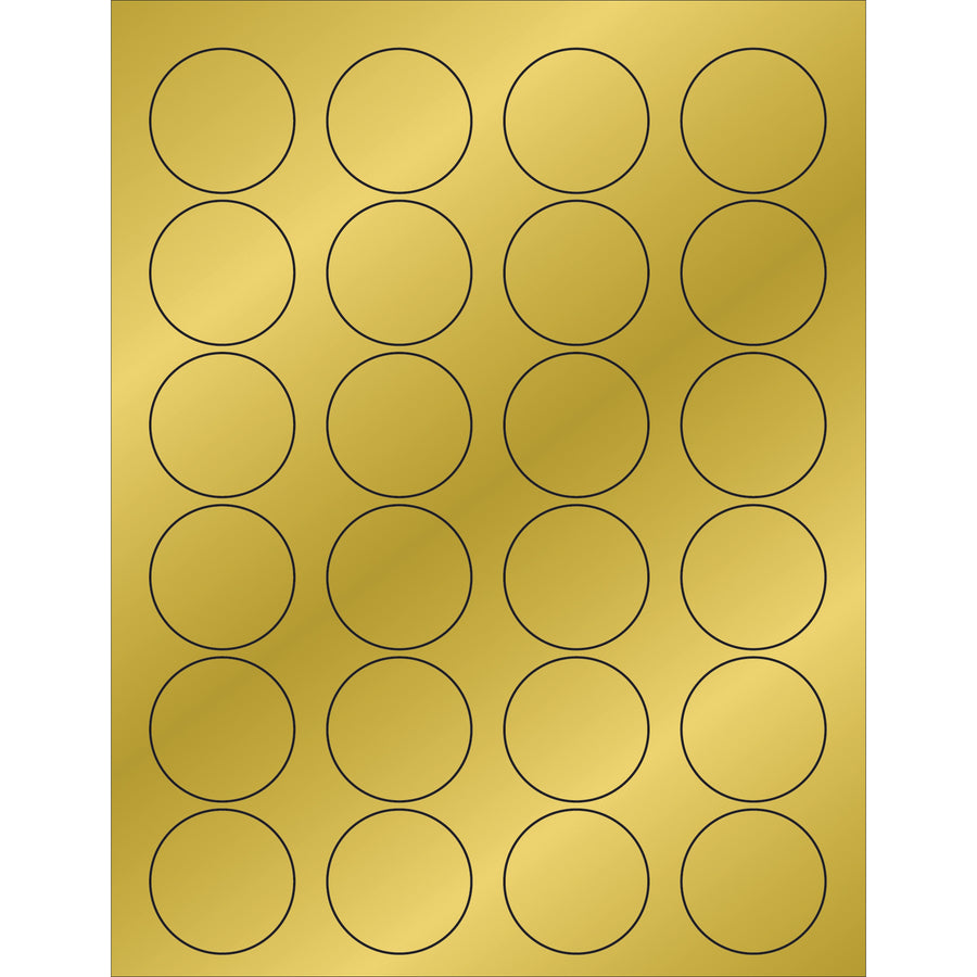 Professional-grade 1 5/8" diameter gold foil circle laser labels designed for shipping coordinators and logistics professionals who need reliable, compliant labeling. Permanent acrylic adhesive resists heat and jamming in high-speed label printers. Each case contains 2,400 labels with ready-to-use Microsoft Word template for fast formatting.