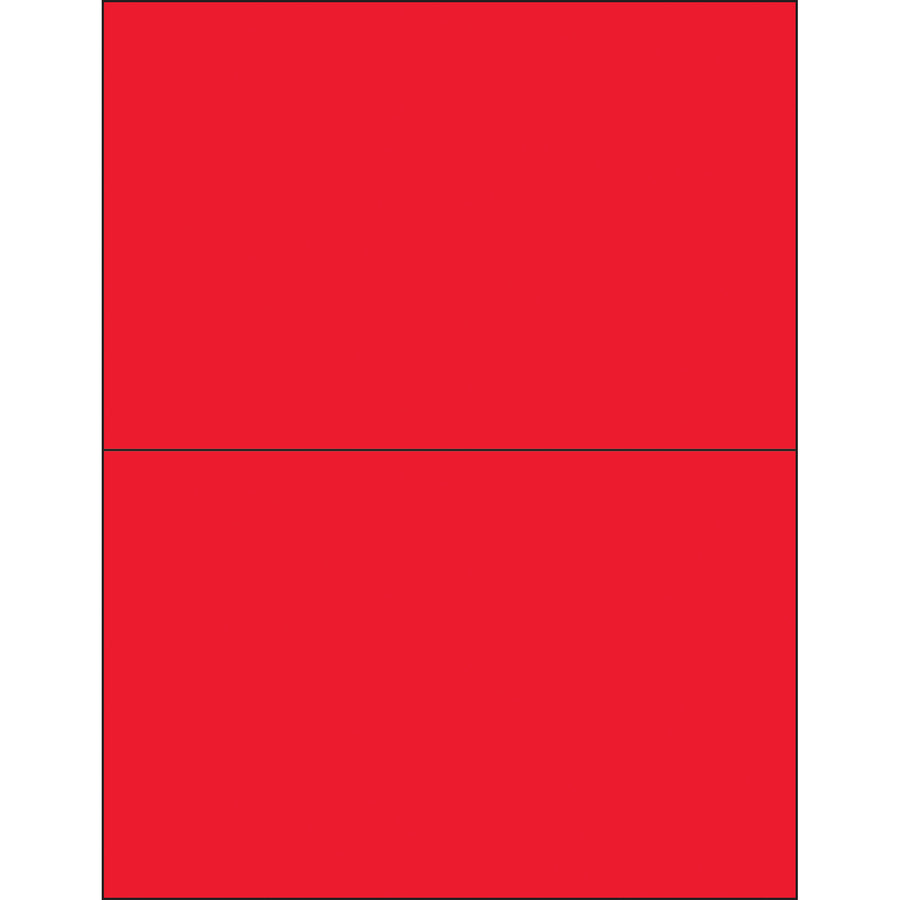 High-visibility fluorescent red removable laser labels designed for logistics and shipping coordination. The 8.5 x 5.5" format lifts cleanly without leaving residue, making them ideal for temporary labeling on packages and shipments. Compatible with laser and inkjet printers; sold as a case of 200 labels.