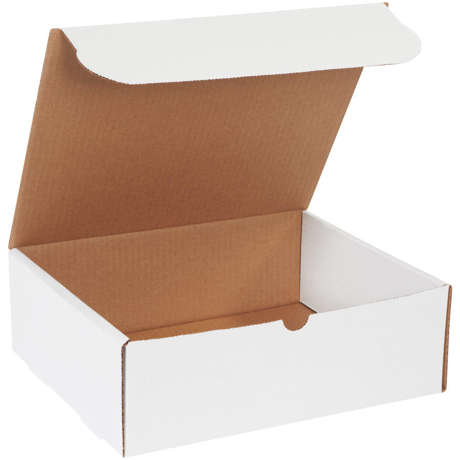 Professional white corrugated literature mailers sized 11.75" x 10.75" x 4" with self-sealing tabs for secure, no-tools closure. ECT-32-B crush-resistant construction protects contents during transit. Sold as a bundle of 50‚ready to assemble and ship today.