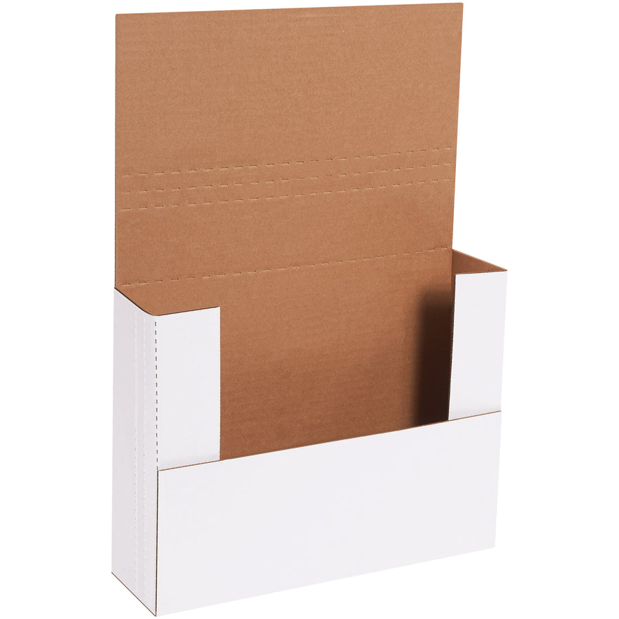 Professional-grade white corrugated easy-fold mailers designed for e-commerce brands shipping flat materials. Multi-depth scoring scored at multiple depths flexibly accommodates items from 1-3", while ECT-32-B corrugated construction provides crush-resistant protection. 50 mailers per bundle.