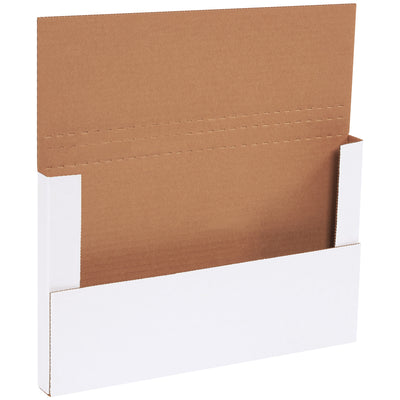 Professional-grade white corrugated mailers designed for e-commerce brands shipping flat items like prints, photos, and documents. Features multi-depth scoring for flexible folding and ECT-32-B crush-resistant construction. Sold as a bundle of 50 with tape-seal closure for reliable, polished brand presentation.