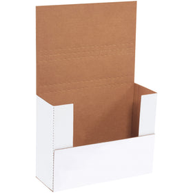 Professional white corrugated easy-fold mailers with multi-depth scoring for flexible folding and secure sealing. ECT-32-B material resists crushing and punctures for reliable flat-item shipping. Bundle of 50 mailers (11 1/8 x 8 5/8 x 4") ready to ship.