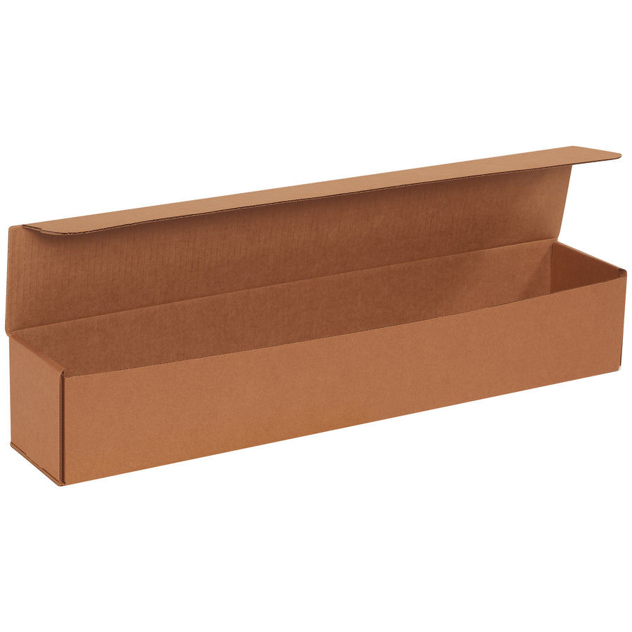 Crush-resistant kraft corrugated mailers sized 24" x 4" x 4" with ECT-32-B strength rating for reliable small item shipment. One-piece fold-and-tuck design requires no tape, glue, or staples–assembly takes seconds. Ships and stores flat in bundles of 50 to maximize your warehouse efficiency.