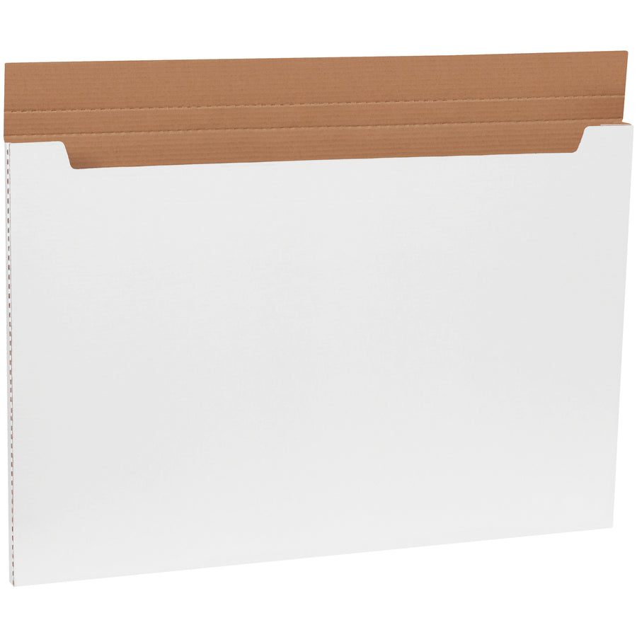 Professional-grade 36x24x1 white corrugated fold-over mailers built from durable ECT-32-B material for maximum puncture resistance. Ideal for e-commerce brands shipping oversized posters, portfolios, and flat merchandise. Bundle of 20 mailers with one-piece folding design and self-sealing capability.