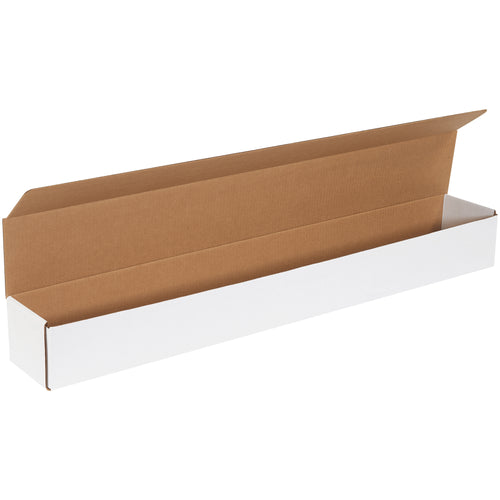 One-piece white corrugated mailers manufactured from ECT-32-B material with crush-resistant double-wall protection on front and sides. Dimensions 36.25x4.875x4 inches fold together in seconds–no tape, glue, or staples required. Sold as a bundle of 50 units.