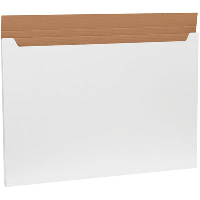 Professional-grade white jumbo fold-over mailers designed for oversized posters, portfolios, and flat documents. Features durable ECT-32-B corrugated construction with secure fold-and-seal closure. Sold in bundles of 20 for cost-effective bulk shipping.