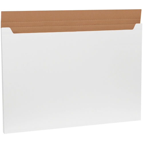 Professional-grade white jumbo fold-over mailers designed for oversized posters, portfolios, and flat documents. Features durable ECT-32-B corrugated construction with secure fold-and-seal closure. Sold in bundles of 20 for cost-effective bulk shipping.