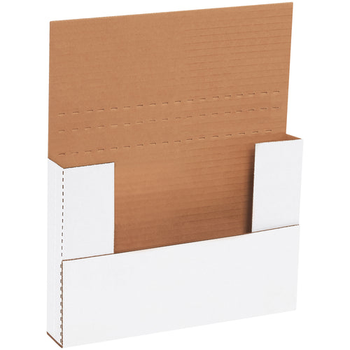 Crush-resistant white corrugated easy-fold mailers designed for e-commerce brands shipping flat materials like artwork, photographs, and documents. Multi-depth scoring lets you customize fold depth, while ECT-32-B construction ensures professional appearance and product protection. 50-pack bundle.