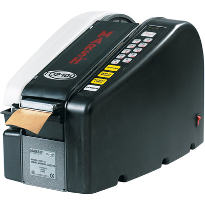 The Marsh® TD2100 electric paper gum tape dispenser automates accurate tape dispensing with programmable lengths from 5-99 inches at the touch of a key. Heavy-duty stainless steel guillotine cutter, adjustable tape guides, and industry-leading 70oz water bottle ensure consistent seal quality and minimal downtime. Metal/plastic construction (18.9"W x 10.5"D x 13.7"H) backed by an 18-month Marsh® warranty.