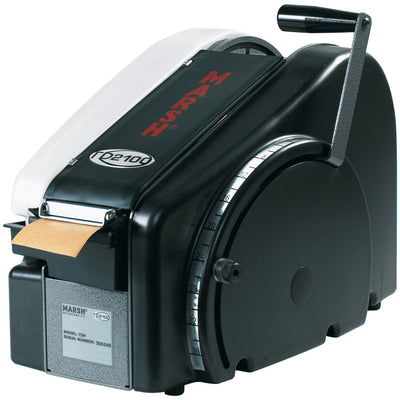 The Marsh® TD2100 manual paper tape dispenser with built-in heater delivers precision case sealing for high-volume packing lines. Features a stainless steel guillotine-style cutter, wide-track urethane feed rollers for quiet operation, and an industry-leading 70-ounce water bottle. Durable metal/plastic construction backed by an 18-month warranty.