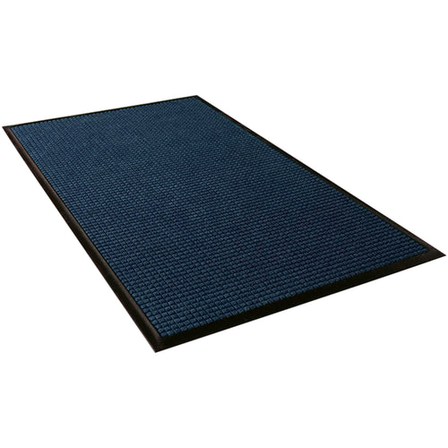 Industrial-grade Navy Waterhog™ mat (16' x 6') features a raised waffle pattern that effectively scrapes shoes clean of dirt, water, and debris. Engineered to soak up moisture and keep facility floors drier longer while resisting fading. Easy to maintain with vacuuming, hosing, steam cleaning, or shampooing.
