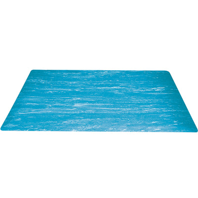 This 6' x 4' blue marble anti-fatigue mat combines a smooth 1/8" heavy-duty rubber surface with a 3/8" dense foam base for total 1/2" cushioning. Sloped beveled edges on all four sides enable safe, easy access on and off. Ideal for manufacturing floors, warehouses, and workstations requiring durable, long-lasting fatigue relief.
