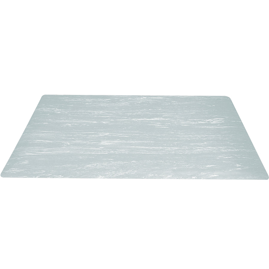Reduce worker fatigue and boost safety with this 6' x 4' gray marble anti-fatigue mat featuring 1/8" heavy-duty rubber and 3/8" dense foam base. The beveled edges on all four sides provide safe, easy access while the 1/2" total thickness delivers superior cushioning and durability. Choose gray or select from walnut, black, or blue marble finishes to match your facility.