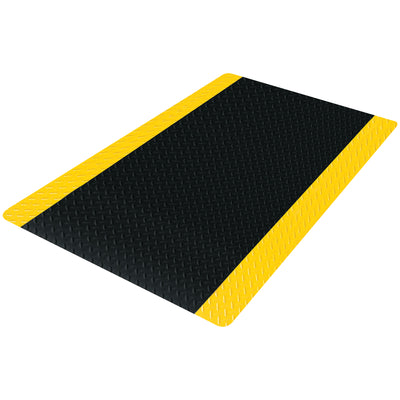 Heavy-duty 12' x 3' vinyl anti-fatigue mat engineered for industrial facilities and high-traffic work areas. Features cloud comfort padding, beveled foam edges, and diamond plate tread pattern to reduce slip hazards. Black surface hides dirt while bright yellow borders maximize worker safety awareness.