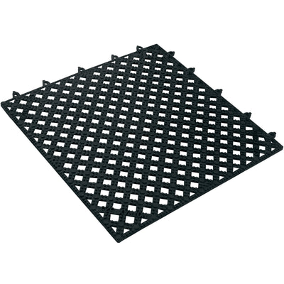 Modular 12x12" black PVC vinyl drainage mat tiles that snap together on-site for custom floor configurations. Raised diamond pattern ensures superior drainage and traction while beveled edges minimize trip hazards. 9/16" thickness provides durability for high-traffic industrial and commercial spaces.