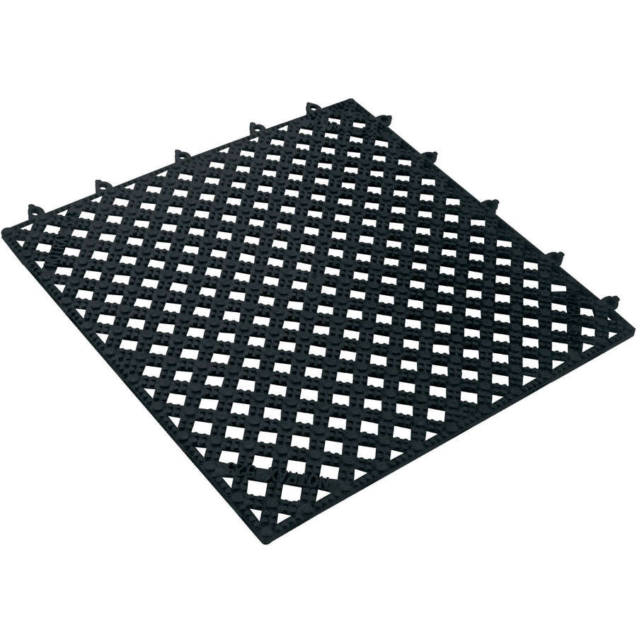 Modular 12x12" black PVC vinyl drainage mat tiles that snap together on-site for custom floor configurations. Raised diamond pattern ensures superior drainage and traction while beveled edges minimize trip hazards. 9/16" thickness provides durability for high-traffic industrial and commercial spaces.