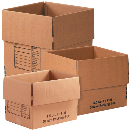 Industrial-grade moving box combo featuring 15 deluxe packing boxes in three sizes (16x12x12