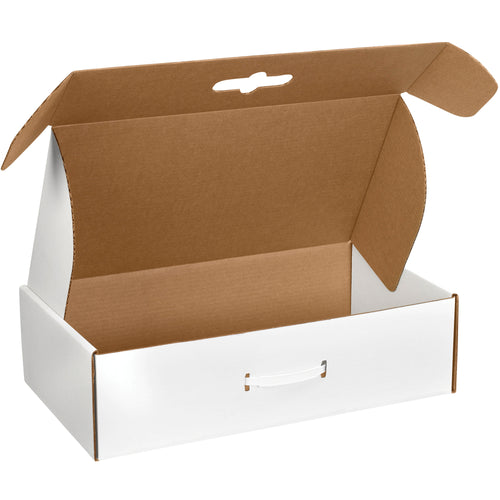 ECT-32-B crush-resistant white corrugated carrying cases with integrated plastic handles. Dimensions: 18.25