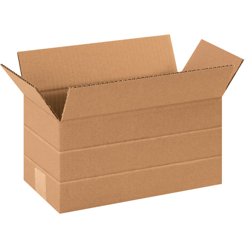 Fold-flat multi-depth corrugated boxes that adjust from 6