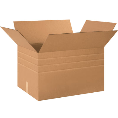 Multi-depth corrugated boxes designed for warehouse managers who need flexible sizing without multiple SKUs. These 24x18x18 kraft cartons feature pre-scored sides that fold to 3 different heights, eliminating the need for a carton sizer. Sold as a bundle of 15 boxes with ECT-32 single wall strength.