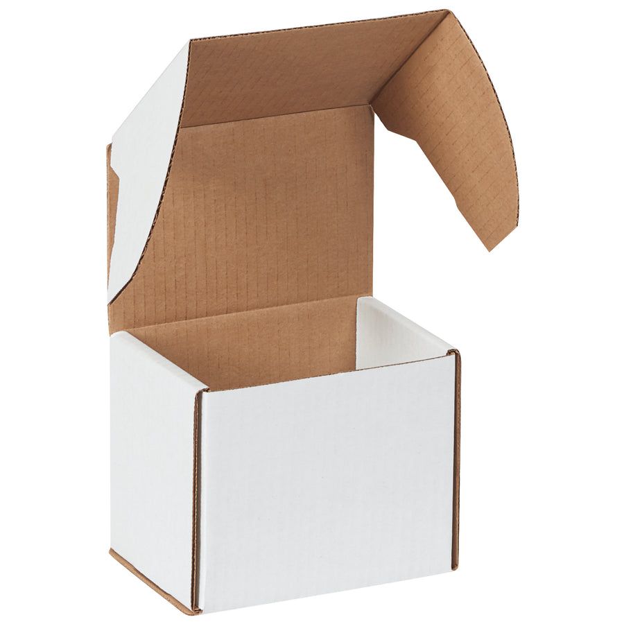 Professional white outside tuck mailers with self-locking tabs eliminate tape waste and shipping delays. Made from durable ECT-32-B corrugated, these 5 5/8x4 3/16x5 mailers protect contents while presenting a polished brand image. Sold as bundle of 50 flat-shipped cartons.