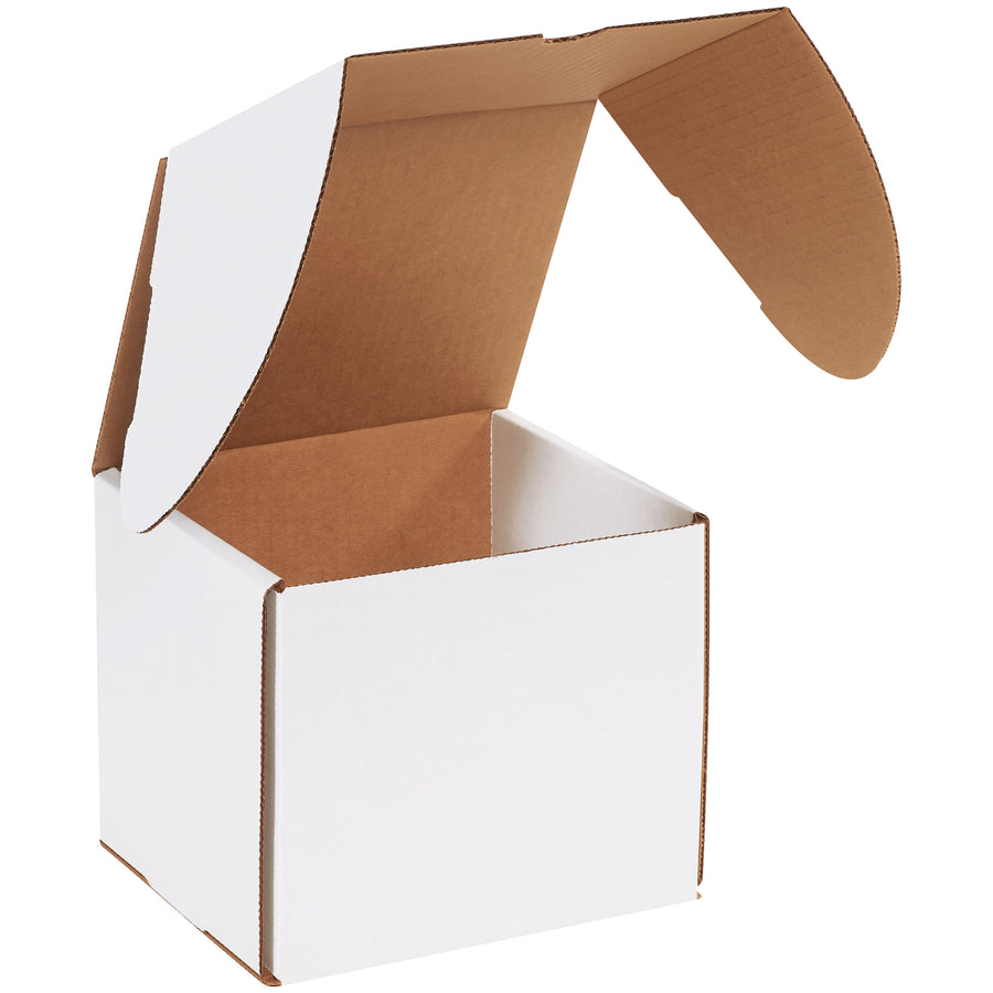 Professional white corrugated outside tuck mailers designed for e-commerce brands shipping media, literature, and fragile items. Featuring secure front-lock tabs and double-wall protection on three sides, these 7 1/8x6 5/8x6 1/2 crush-resistant mailers arrive flat in bundles of 25 for efficient storage and assembly.